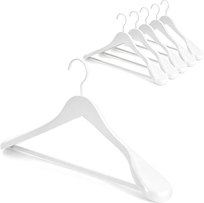 TOPIA HANGER White Wooden Coat Hanger 6 Pack, Wood Suit Hangers,Glossy Finish with Extra-Wide Shoulder, Thicker White Hooks & Anti-Slip Bar,Suitable for Coat, Suit,Dress,Jacket,Heavy Cloth - CT02W