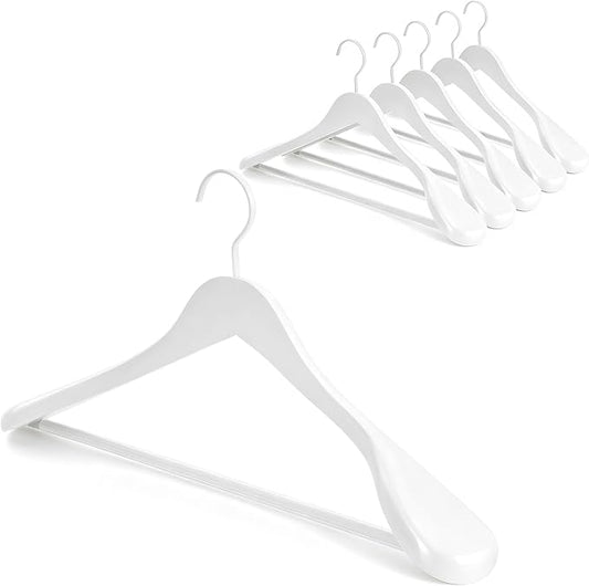 TOPIA HANGER White Wooden Coat Hanger 6 Pack, Wood Suit Hangers,Glossy Finish with Extra-Wide Shoulder, Thicker White Hooks & Anti-Slip Bar,Suitable for Coat, Suit,Dress,Jacket,Heavy Cloth - CT02W