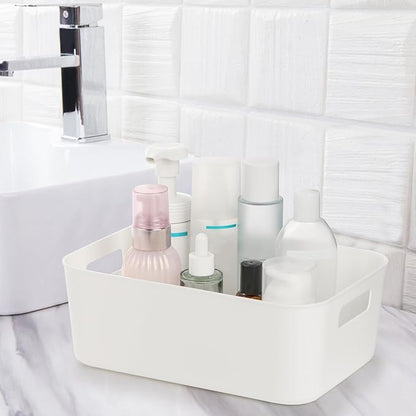 Peohud 5 Pack White Plastic Storage Bins, Pantry Organization and Storage Baskets with Handles, Open Plastic Storage Container for Home, Kitchen, Office, Shelves, Cabinet, Under Sink Organizer