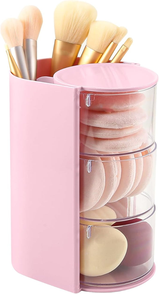 DASITON 3-Layer Makeup Brush Holder with Hair Accessories Organizer, Rotatable Desktop Organizer Case for Hair Clip, Makeup Sponge, Jewelry and Hair Accessories, Hair Brush Holder for Vanity (Pink)