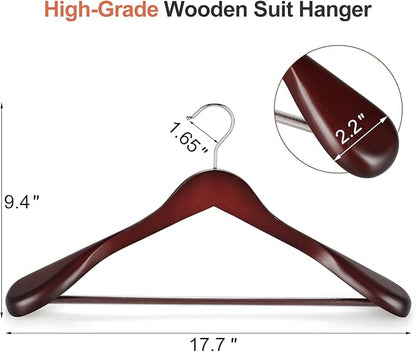 TOPIA HANGER Wide Shoulder Wooden Hangers, Suit Hangers with Non Slip Pants Bar & 360° Swivel Hook, Solid Wood Heavy Duty Coat Hanger, 6 Pack (Matte Cherry)-CT02C