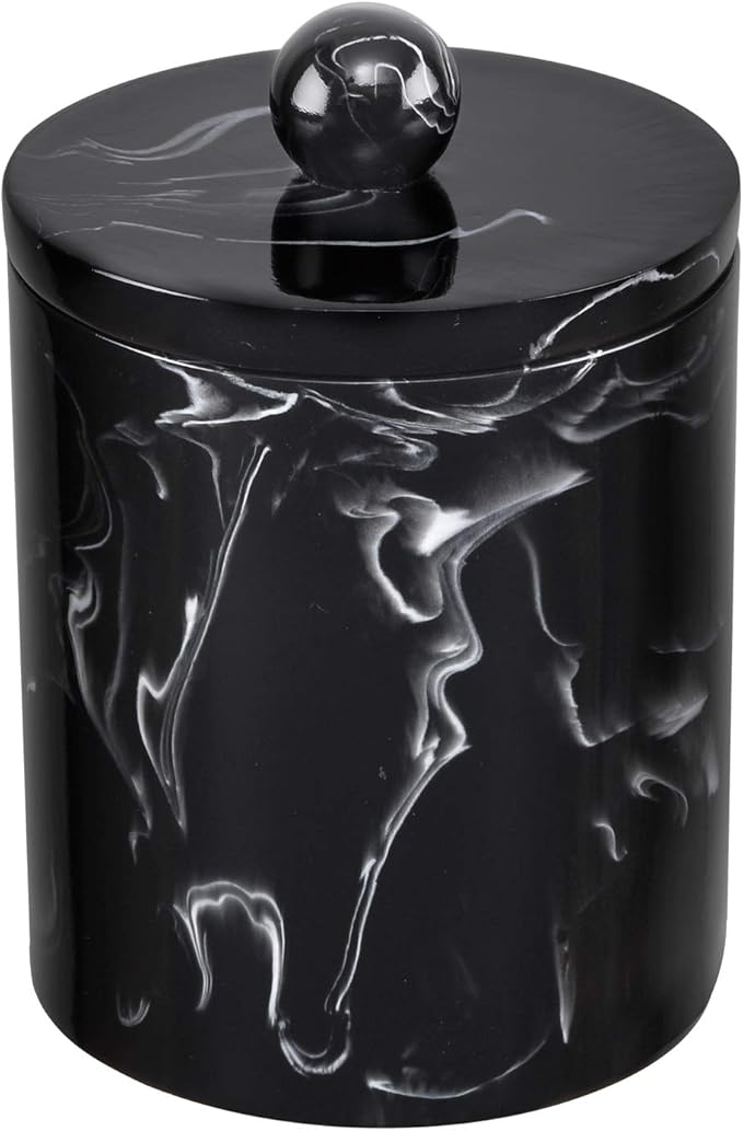 Qtip Holder Bathroom Canister with Mable Look,Resin Qtip Dispenser Vanity Storage Jars Organizer for Cotton Ball,Qtip,Cotton Swab,Bath Salts-Ink Black