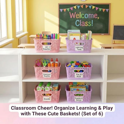 Mixed Color Small Plastic Open Storage Weave Baskets, 6-Pack Versatile Shelf Organizer Woven Baskets for Classrooms, Children's Rooms, and Pantries, Pink/Purple-10x7.5x4 inch