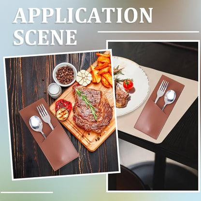 2PCS PU Leather Knife and Fork Sleeves Utensils Holder Pouch Bags Vintage Cutlery Sleeves Brown Leather Rustic Flatware Tableware Storage Place Set Organizer for Home Kitchen Table