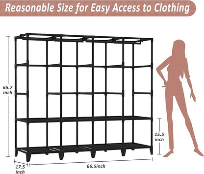 Wardrobe Closet, Quick and Easy Assembly, Black Large Capacity Portable Closet with 4 Hanging Rods 8 Storage Shelves and 8 Side Pockets, Clothes Rack with Cover, for Bedroom and Living Room