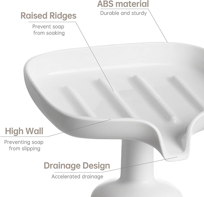 PAVSTINE Self-Draining Soap Dish with Suction Cup, Stand Bar Soap Holder, No Drill Removable Sponge Tray for Shower, Bathroom, Kitchen Sink, Easy to Clean & Keeps Dry, White