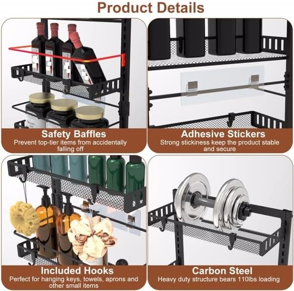 6-Tier Over the Door Organizer, Heavy Duty Metal Pantry Door Rack, Hanging Storage Shelf for Kitchen, Over The Door Spice Rack & Pantry Organizer, 6-Shelf Metal Hanging Storage (Black)