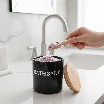29oz Airtight Ceramic Bath Salt Jar Set - with Wooden Lid, Scoop & Anti-Slip Mat, Opaque Bathroom Storage Organization for Epsom Salt, Spa & Bath Bombs, Black-S