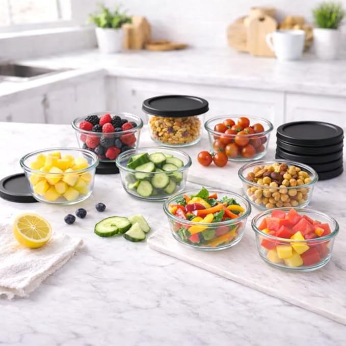 16-Piece Glass Food Storage Containers Set (8 Containers + 8 BPA-Free Lids) | 1-Cup, Leakproof | Microwave, Freezer, Oven & Dishwasher Safe | Ideal for Meal Prep & Pantry Organization, Black