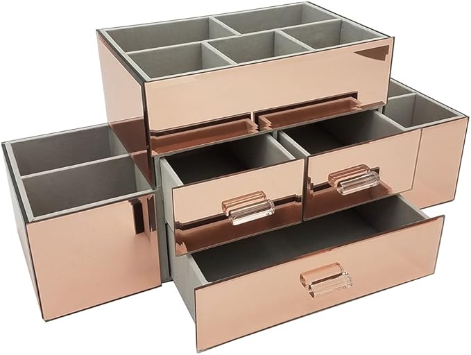 OnDisplay Amara 3 Drawer Tiered Mirrored Makeup/Jewelry Organizer - Glass Panel Organization Station for Cosmetics, Jewelry or Office/Desk Supplies