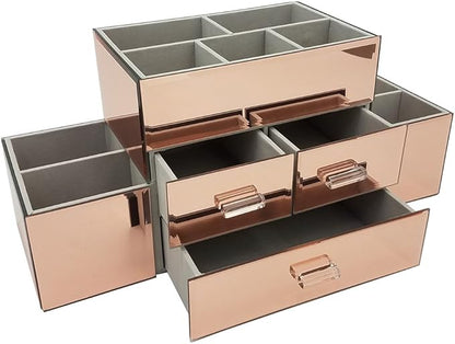 OnDisplay Amara 3 Drawer Tiered Mirrored Makeup/Jewelry Organizer - Glass Panel Organization Station for Cosmetics, Jewelry or Office/Desk Supplies