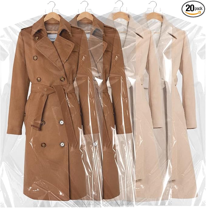 BEISHIDA 20PCS 60 Inch Plastic Garment Bag-Plastic Clear Dry Cleaner Laundry Bags for Clothes Cover, Hanging Clothes Storage for Long Dresses Skirt Coat Suit Shirt Jacket