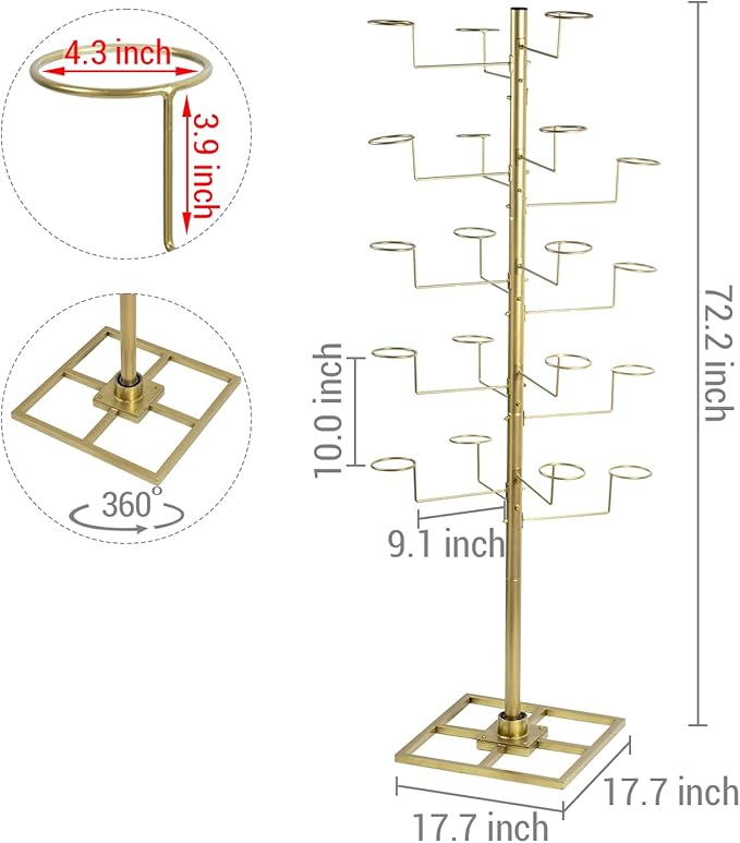 MyGift Freestanding Cowboy Hat Display Rack, 360 Degree Rotating Wig or Baseball Cap Organizer Stand with 20 Customizable Circular Hooks, 6 Foot Height, Brass-Tone Metal