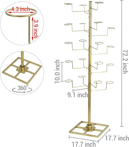 MyGift Freestanding Cowboy Hat Display Rack, 360 Degree Rotating Wig or Baseball Cap Organizer Stand with 20 Customizable Circular Hooks, 6 Foot Height, Brass-Tone Metal