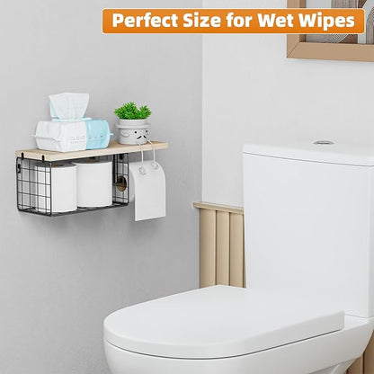 VITVITI Toilet Paper Holder with Shelf, Wall Mounted Toilet Paper Storage Basket, Wood Metal Toilet Roll and Wipes Holder for Bathroom Farmhouse (Natural)