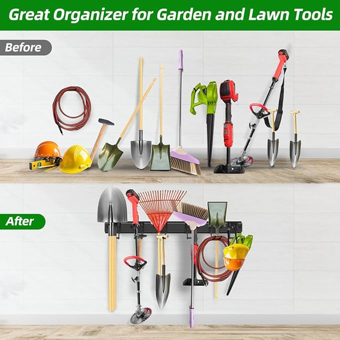 PIYILO Garage Tool Organizer Wall Mount with 48 inches Rails and 6 Double-layer Hooks, Garden Tool Rack Heavy Duty, Garage Hanging Storage Rack For Yard Tools, Shovel, Shed