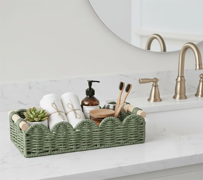 CubesLand Toilet Paper Storage Basket Organizer, Small Wicker Toilet Tank Top Decorative Baskets for Countertop, Handwoven Scalloped Basket w/handle for Home Decor, Living Room, Bedroom, Green