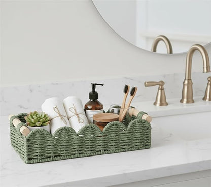 CubesLand Toilet Paper Storage Basket Organizer, Small Wicker Toilet Tank Top Decorative Baskets for Countertop, Handwoven Scalloped Basket w/handle for Home Decor, Living Room, Bedroom, Green