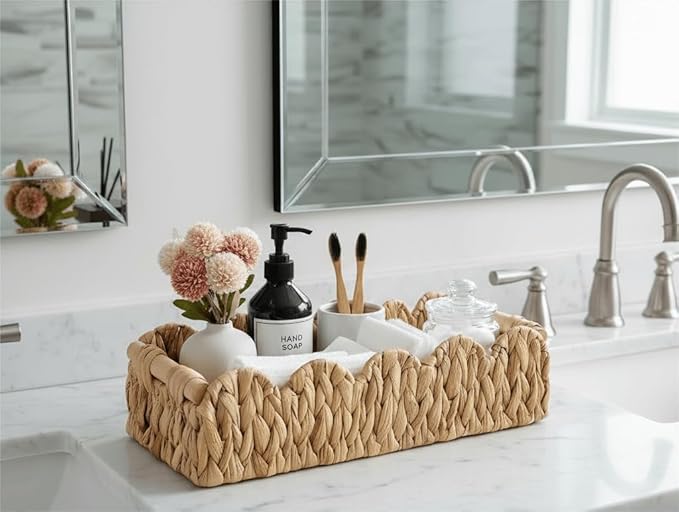 Kriitools Wicker Bathroom Basket Tray Organizer w/Scalloped for Toilet Paper, Small Rattan Decorative Basket for Bathroom Decor, Farmhouse Home Decor, Living Room and more, Natural Water Hyacinth