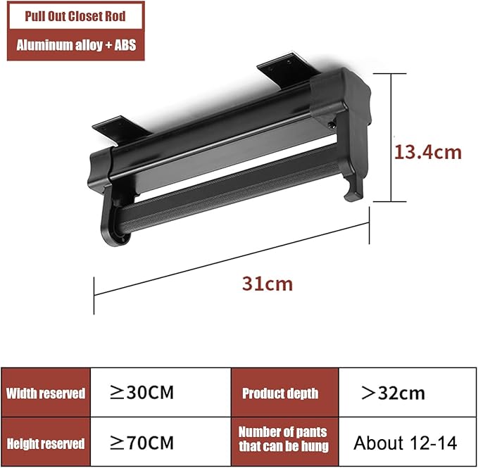 Heavy Duty Retractable Pull Out Pants Rack,Aluminum Alloy Pull Out Closet Valet Rod,Extendable Wardrobe Rail Tube for Hanging Clothes, Top Mount (Color : Black, Battery *1 : 31cm)