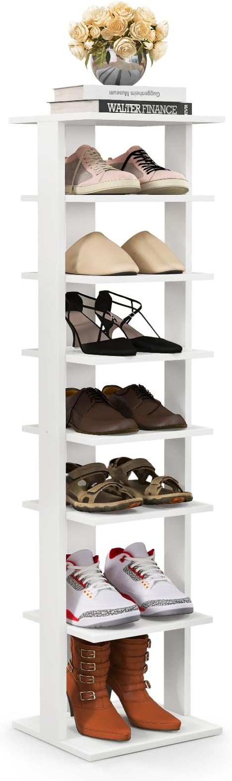 BETTARY 8 Tier Vertical Shoe Rack, Narrow Wooden Corner Shoe Organizer for Small Spaces, Removable Shelves, Anti-toppling Device, Shoe Tower for Entryway, Closet, Bedroom (White, Single Row)
