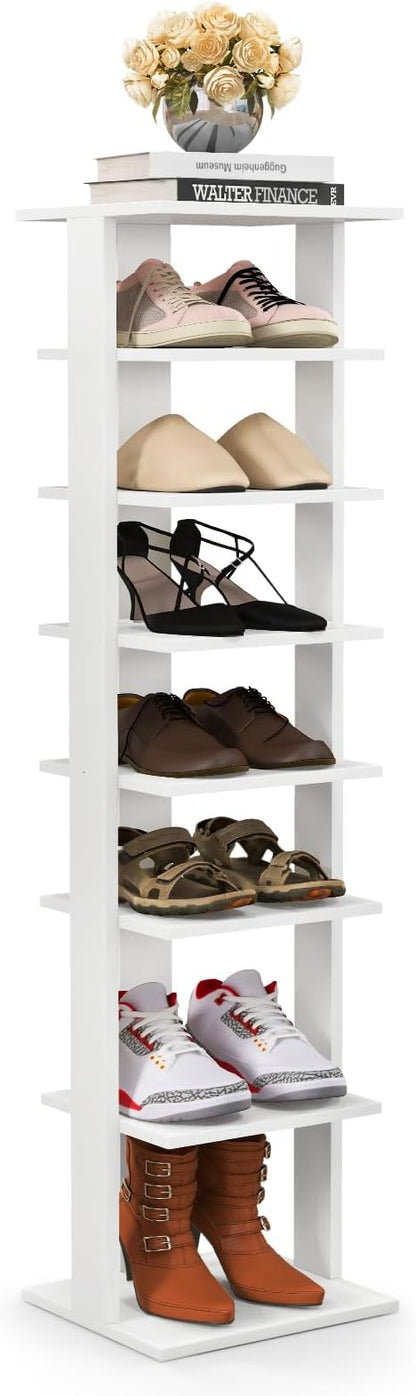 BETTARY 8 Tier Vertical Shoe Rack, Narrow Wooden Corner Shoe Organizer for Small Spaces, Removable Shelves, Anti-toppling Device, Shoe Tower for Entryway, Closet, Bedroom (White, Single Row)