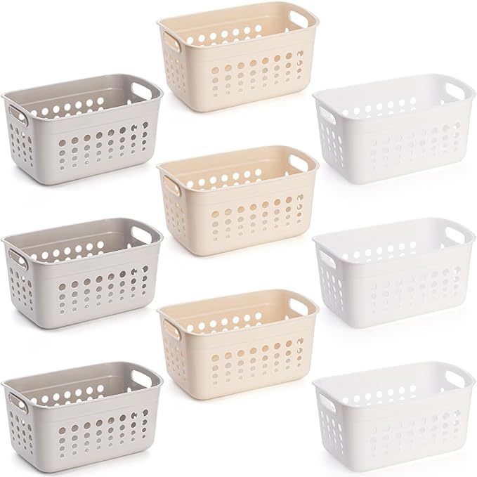 DEAYOU 9 Pack Plastic Storage Basket, Small Pantry Organizer Basket Bins, Rectangular Storage Tray Baskets Container with Handle for Shelf, Household, Desktop (Beige, White, Gray)