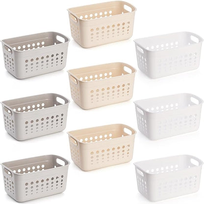 DEAYOU 9 Pack Plastic Storage Basket, Small Pantry Organizer Basket Bins, Rectangular Storage Tray Baskets Container with Handle for Shelf, Household, Desktop (Beige, White, Gray)