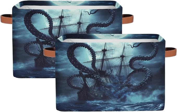 AUUXVA Storage Basket Ocean Kraken Nautical Pirate Ship Animal Octopus Storage Cube Box Durable Canvas Collapsible Toy Basket Organizer Bin with Handles for Shelf Closet Bedroom Home Office