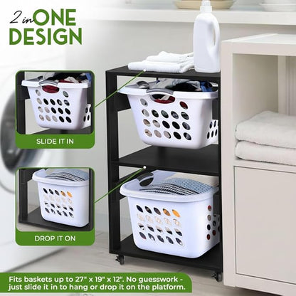 Laundry Basket Holder Shelf – Stackable Engineered Wood Laundry Tower, Tiered Hamper Organizer for Bathroom, Bedroom, Closet (Black, 2 Tier)