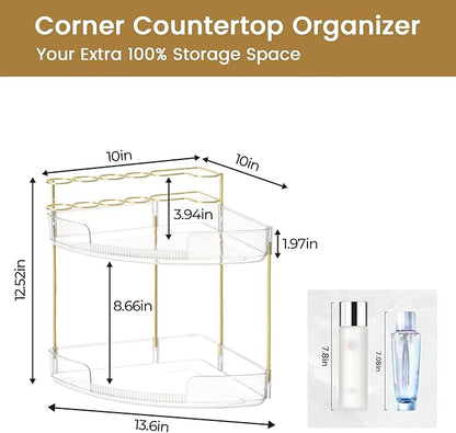 FELIZHOUSE 2-Tier Makeup Organizer for Vanity & Bathroom Countertop – Acrylic Storage Shelf with Perfume Tray & Makeup Brush Holder, Tool-Free Installation, Design for Bathroom & Dresser - Clear
