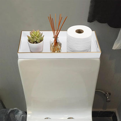 MAONAME White Vanity Tray, Plastic Decorative Tray, Rectangular Trays with Handles, Narrow Bathroom Trays for Toilet Tank, 13.8" X 6" X 1.57"