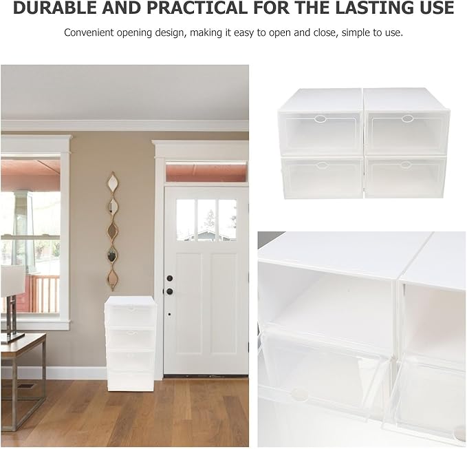 4pcs Plastic Shoe Boxes with White Frame Waterproof Dustproof Shoe Storage Containers Thickened Household Organizer for Closet and Home Storage