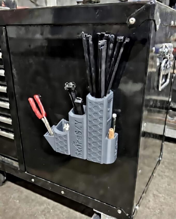 ZipStation Pro Zip Tie Organizer – 3 Tier Holder with Cutter Slot & Pen Storage – Magnetic Toolbox Organizer (Grey)