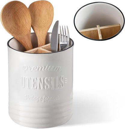 DOWAN 3 Compartment Kitchen Utensil Holder, 7.2″ Extra-Large Ceramic Stable Utensil Caddy, Rustic Cooking Utensil Crock for Farmhouse Kitchen Décor, Utensil Holder for Countertop