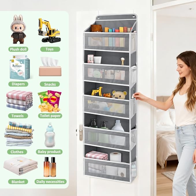 Over The Door Storage Organizer with 5 Extra Large Pockets & Side Mesh Pouches, Hanging Closet Door Organizer for Bedroom, Pantry, Nursery, Anti-Tilt Design, Fits 1.6" Doors-Dark Gray