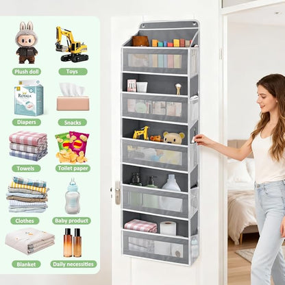 Over The Door Storage Organizer with 5 Extra Large Pockets & Side Mesh Pouches, Hanging Closet Door Organizer for Bedroom, Pantry, Nursery, Anti-Tilt Design, Fits 1.6" Doors-Dark Gray