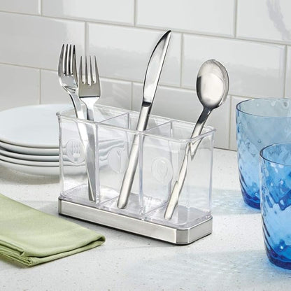 mDesign Cutlery Holder Modern Cutlery Basket for The Kitchen Table, Pantry or Cupboard Kitchen Storage with 3 Compartments Clear/Chrome