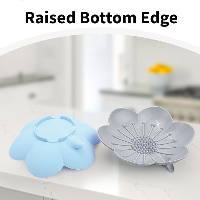 Soap Dishes 2 Pack Self Draining XL Flexible Bar Holder for Shower Steamer, Silicone Flower Soap Saver Tray for Counter Bathtub Sink Bathroom Decor with Drainage -Mirror Surface Easy Clean, Grey/Blue