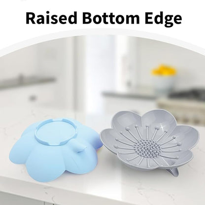 Soap Dishes 2 Pack Self Draining XL Flexible Bar Holder for Shower Steamer, Silicone Flower Soap Saver Tray for Counter Bathtub Sink Bathroom Decor with Drainage -Mirror Surface Easy Clean, Grey/Blue