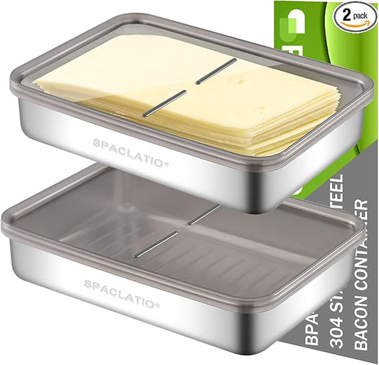 Cheese Container for Refrigerator, 2 Pack 304 Stainless Steel Airtight Deli Meat Storage Containers with Lids for Fridge, Dishwasher Safe Food Storage Containers Fridge Organizers and Storage(42 OZ)
