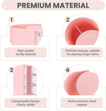 2 Pack Hair Accessories Organizer with Hair Brush Holder, 3-Tier Clear Rotatable Drawer Makeup Sponge Holder, Bathroom Qtip Cotton Swab/Pad/Ball Dispenser Jewelry Box (Pink)