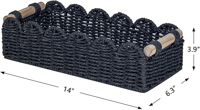 CubesLand Bathroom Basket Organizer, Toilet Tank Paper Storage Baskets 2-Pack, Scalloped Decorative Basket for Countertop w/Handle, Wicker Basket for Bathroom Decor, Home Decor, Living Room, Black