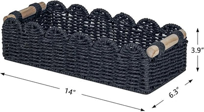 CubesLand Bathroom Basket Organizer, Toilet Tank Paper Storage Baskets 2-Pack, Scalloped Decorative Basket for Countertop w/Handle, Wicker Basket for Bathroom Decor, Home Decor, Living Room, Black