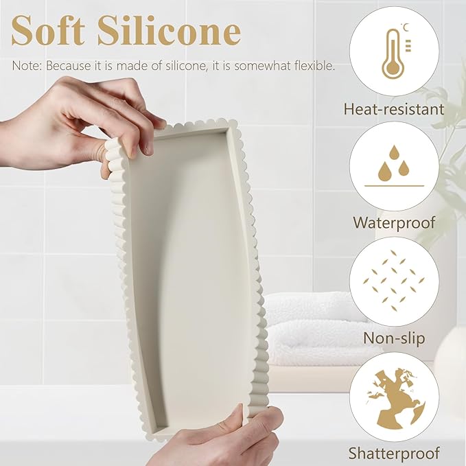 Silicone Bathroom Tray Small Vanity Organizer Rectangle Sink Caddy Sponge Holder Kitchen Counter Decor for Dish Soap, Perfume, Candle, Beige