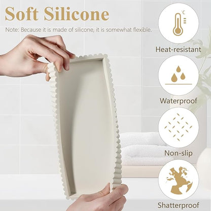 Silicone Bathroom Tray Small Vanity Organizer Rectangle Sink Caddy Sponge Holder Kitchen Counter Decor for Dish Soap, Perfume, Candle, Beige