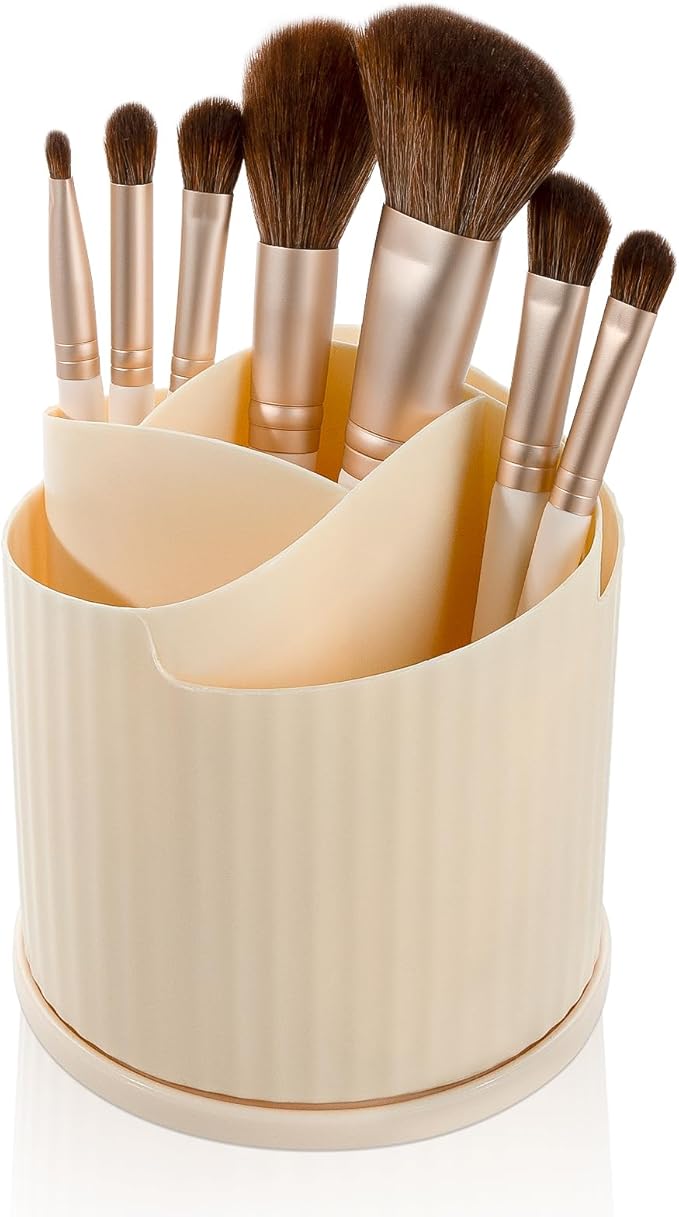 Anyoifax 360 Rotating Makeup Brush Holder Organizer 5 Slots Make Up Brushes Cup Flower-Shaped Spinning Pen Holder for Vanity, Cosmetics, Lipsticks, Beige