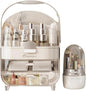 Makeup Organizer, Skincare Organizers with Clear Lid & 2 Drawers and 360° Rotating Brush Holder