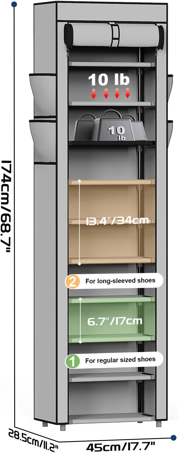 Mavivegue Shoe Rack with Cover, 10 Tier Tall Shoe Organizer for 18-22 Pairs of Shoes, Shoe Storage Organizer for Entryway, Closet, Garage, Grey, S