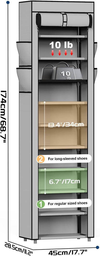 Mavivegue Shoe Rack with Cover, 10 Tier Tall Shoe Organizer for 18-22 Pairs of Shoes, Shoe Storage Organizer for Entryway, Closet, Garage, Grey, S